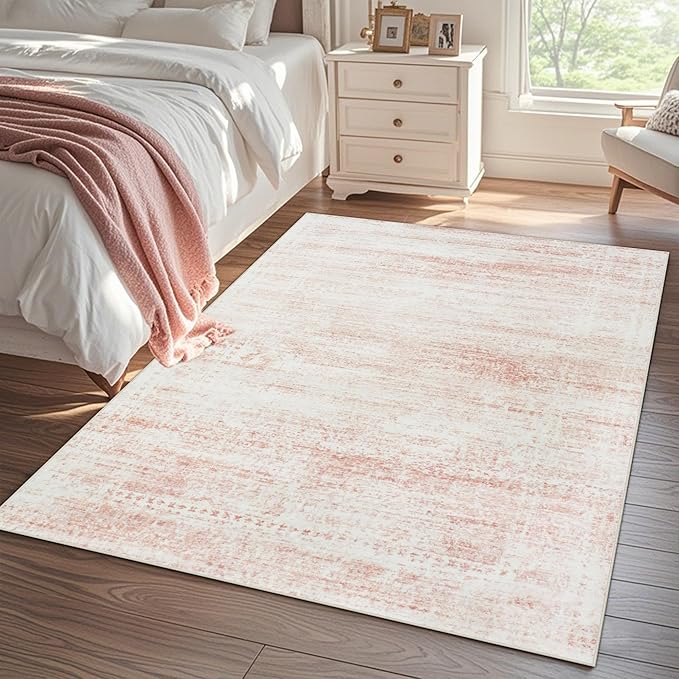 Washable Rugs 6x9 Area Rugs for Living Room,Bedroom,Dining Room- Ultra Soft Faux Wool Nursery Rug for Baby Girl,Neutral Light Pink Low Pile Vintage Carpets for Dorm Kids Playroom,Non Slip