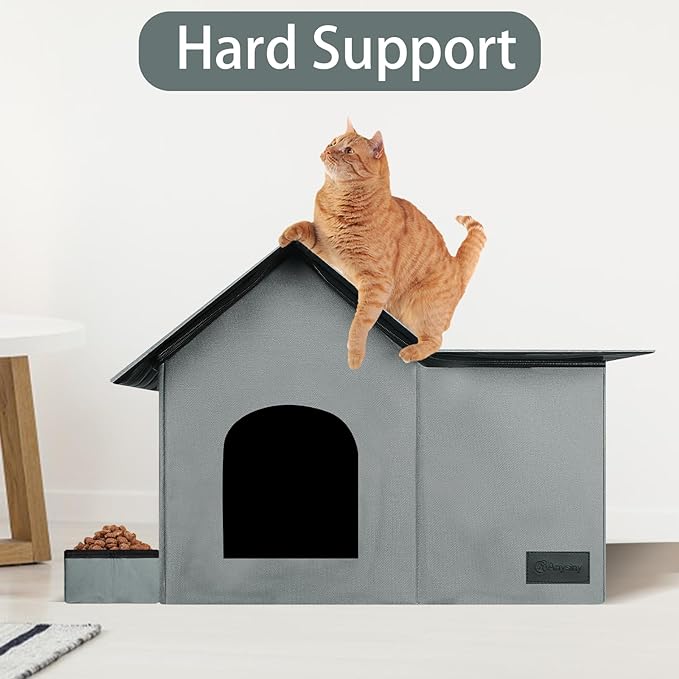Cat Houses for Outdoor Cats-Large Weatherproof Cat Bed for Indoor Cats,Collapsible Warm Feral Cat Shelter with Removable Soft Mat and Bowl for Winter (Gray, Large)