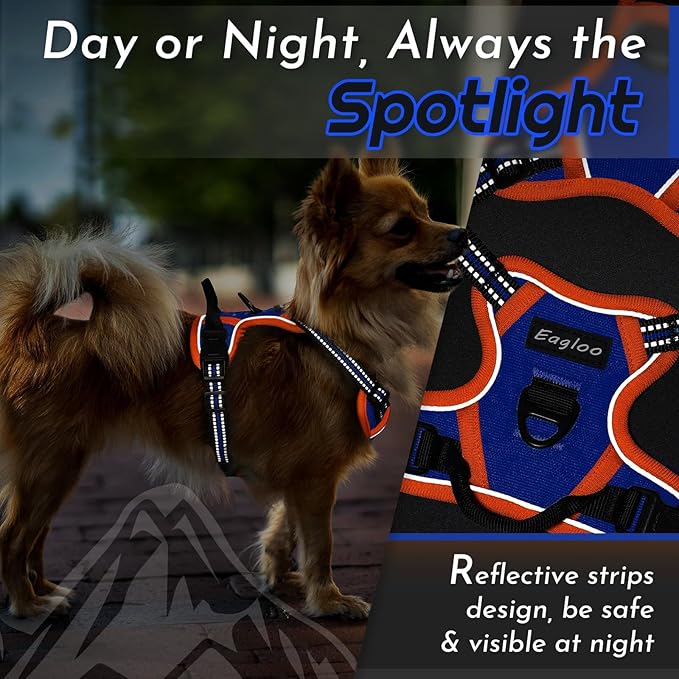 Eagloo Small Dog Harness No Pull, Service Vest with Reflective Strips and Control Handle, Adjustable and Comfortable for Walking, No Choke Pet Harness with 2 Metal Rings, Blue & Orange, XS