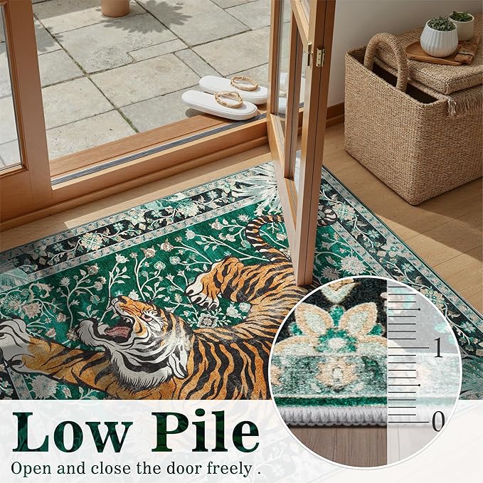 DCX Washable 3x5 Tiger Rug, Green Vintage Animal Rug for Entryway, Soft Low Pile Carpet, Kid & Pet Friendly with Rubber Back Non Slip, Stain Resistant Rug for Bedroom, Laundry, Bathroom