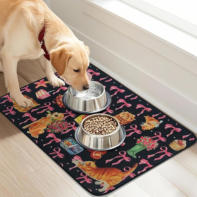 SHIYUE Dog Food Mats for Floors, Absorbent Cat Bowl for Food and Water, Non-Slip Accessories Pet Supplies(12"x20",Black Bow Food)