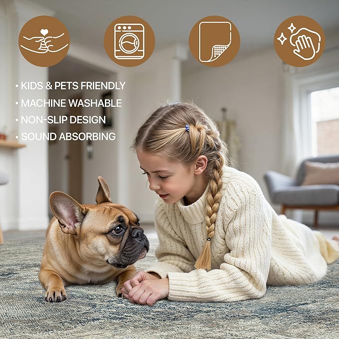 Area Rugs 8x10 for Living Room Bedroom, Modern Abstract Machine Washable Rug, Large Soft Low Pile Floor Carpet with Non Slip Backing for Dining Room, Light Gray Blue