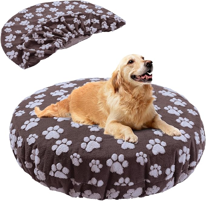 BALAPET Washable Dog Bed Covers Replacement Round Waterproof Bed Cover for Dog Soft Pet Bed Cover with Lovely Dog Paw Print and Double-Sided Usable Design,Cover Only(Brown,30 * 30 * 10in)