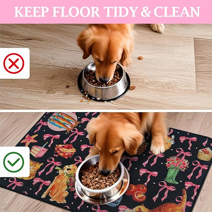 SHIYUE Dog Food Mats for Floors, Absorbent Cat Bowl for Food and Water, Non-Slip Accessories Pet Supplies(17"x30",Black Bow Food)