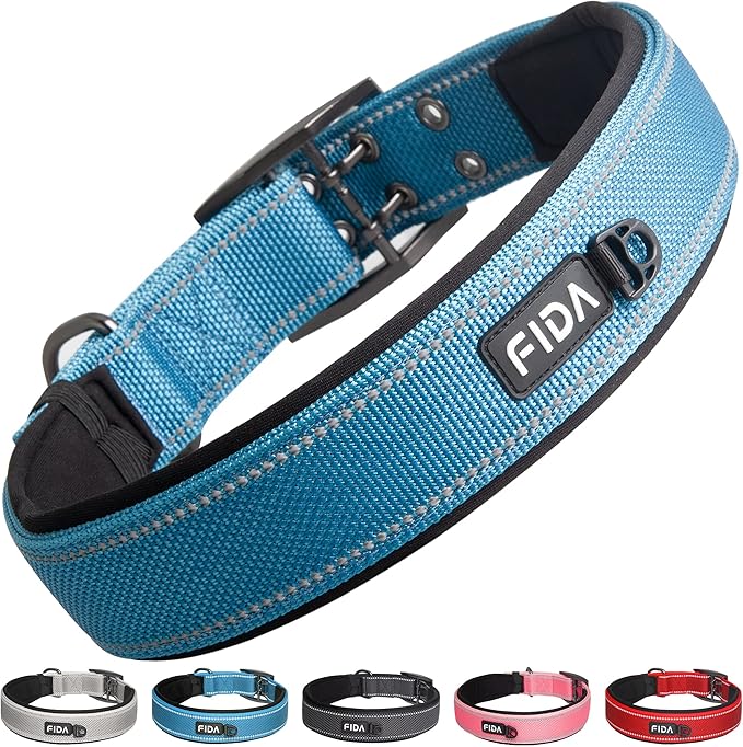 Fida Heavy Duty Dog Collar 1.5” Width, Ultra Soft Neoprene Padded, Adjustable Reflective Nylon Pet Collar with Two Metal Pin Belt Buckle for Extra-Large Breeds (XL, Blue)