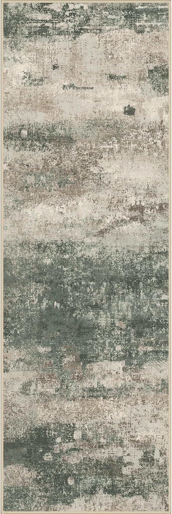 Runner Rug for Hallway Kitchen, 2'x7' Machine Washable Runners Rug for Entryway, Soft Modern Abstract Throw Rugs, Low Pile Floor Cover with Non Slip Backing, Grey/Dark Green