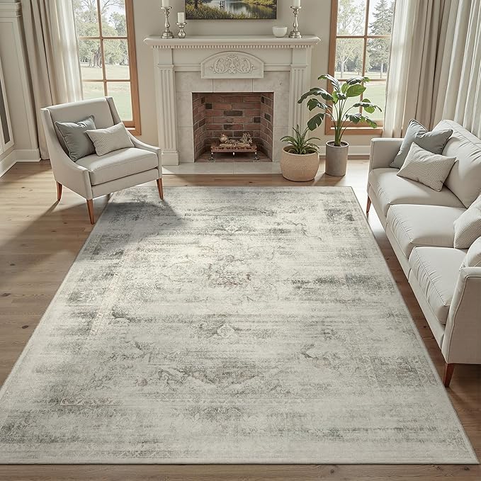 DCX 4x6 Beige Rug, Machine Washable Stain Resistant Distressed Vintage Rug, Kid & Pet Friendly with Rubber Back Non Slip Soft Low Pile Large Carpet for Living Room, Bedroom, Home Office