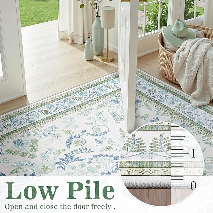DCX Area Rug 6x9 Botanical Floral Washable Rugs in Green and Blue Soft Non Slip Low Pile Stain Resistant Carpet for High-Traffic Areas Bedroom Kitchen Entryway