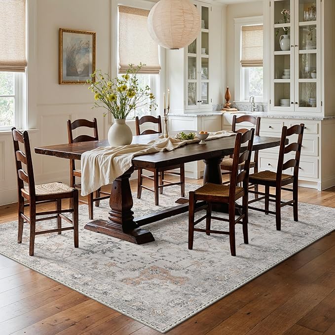 GENIMO 5X7 Area Rugs for Living Room, Machine Washable Non Slip Vintage Rugs, Low Pile Lightweight Chenille Print Rug for Bedroom, Dining Room, Home Office, Light Taupe Brown