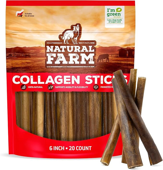 Natural Farm Collagen Sticks (6 Inch, 20 Pack). Odor-Free, 95% Natural Collagen Dog Chews, Supports Healthy Joints, Skin & Coat - Best Rawhide Alternative for Small & Medium Dogs