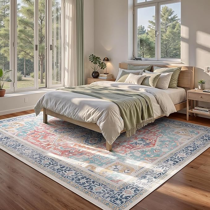 Rugflix 5x7 Area Rugs for Living Room, Machine Washable Rug Non Slip Stain Resistance, Large Rug Vintage Distressed Soft Carpet for Bedroom, Dining Room, Home Office, Blue Red