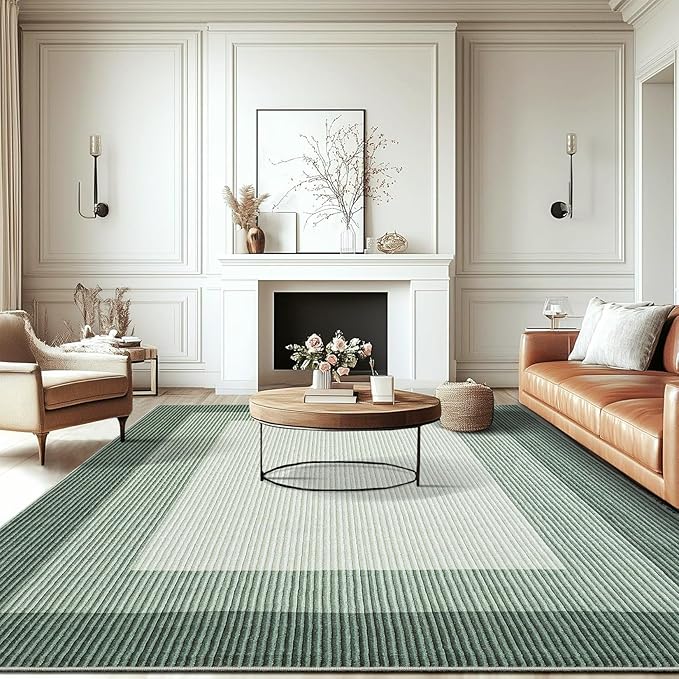 GarveeHome Area Rugs 10x13 Living Room Rug, Modern Bordered Machine Washable Rug Large Soft Carpet Bedroom Non Slip Stain Resistant Neutral Solid Border Carpet for Farmhouse, Green 10x13