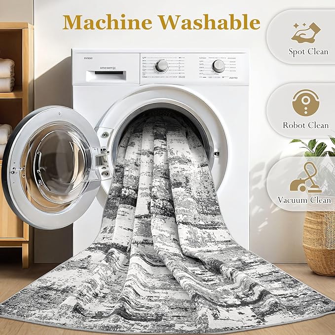 Area Rugs for Living Room: 10x14 Abstract Washable Rug Modern Neutral Large Soft Stain Resistant Non-Slip Backing Machine Table for Bedroom Dining Room Indoor Home Office Carpet - Black Grey