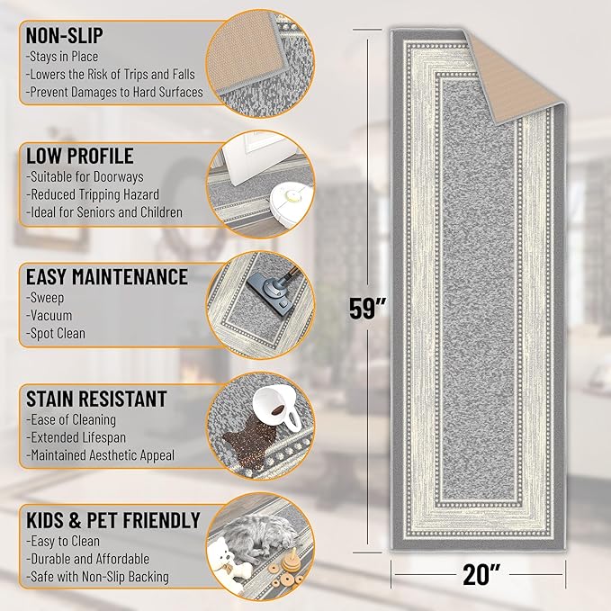 Ottomanson Hallway Runner Rug 20" x 59" Non Slip Border Area Rugs Easy to Clean Laundry Rug Runner Durable & Pet Friendly Floor Carpet Runners for Hallways Entryway Living Room Kitchen, Light Gray
