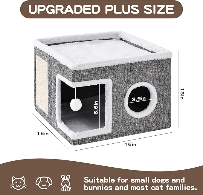 Cat Beds for Indoor Cats, Large Cat Cave with Fluffy Ball and Scratch Pad, Foldable Cat Scratch House with Hideaway Condo for Kitten,16x16x13inch,Grey
