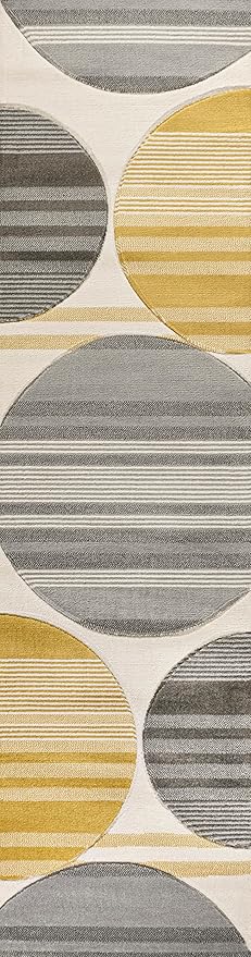 JONATHAN Y Striped Circles Gray/Yellow/Cream Runner Rug 2X8 ft, Nicky Geometric for Living Room, Bedroom, Kitchen, Office, Easy-Cleaning, High Traffic, Pet-Friendly, Non-Shedding UNQ100A-28