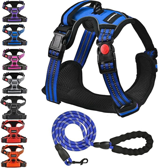 No Pull Dog Harness with A Free Heavy Duty 5ft Dog Leash, Adjustable Soft Padded Dog Vest, Reflective No-Choke Pet Oxford Vest with Easy Control Handle for Small and Large Dogs (Blue, Small)