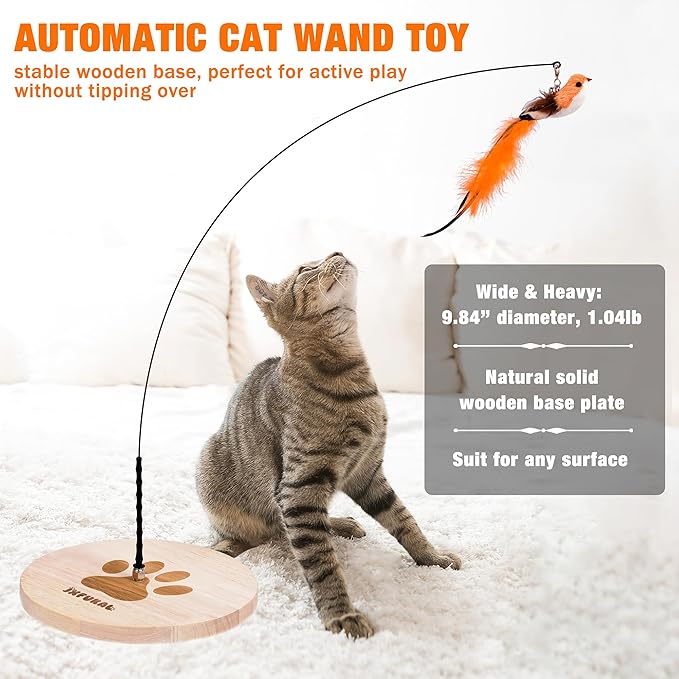 JXFUKAL Interactive cat Toy, Automatic Cat Wand Toy with Stable Wooden Base, 2 PCS Detachable Cat Teaser, 5PCS Refills Replacement & Hanging Elastic String, Kitty Kitten Toys Feather Spring Bird Toy