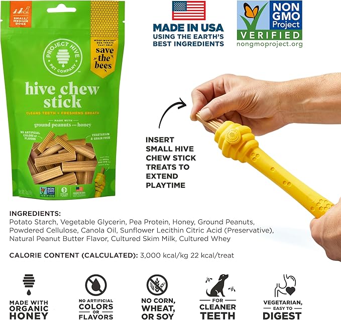 Hive Chew Stick Treats for Small Dogs 2 Pack - Healthy, Non-GMO Project Verified, Natural Peanut Butter Flavored, Natural, Vegetarian Chews, Made in The USA (Chew Sticks, Small Breeds)