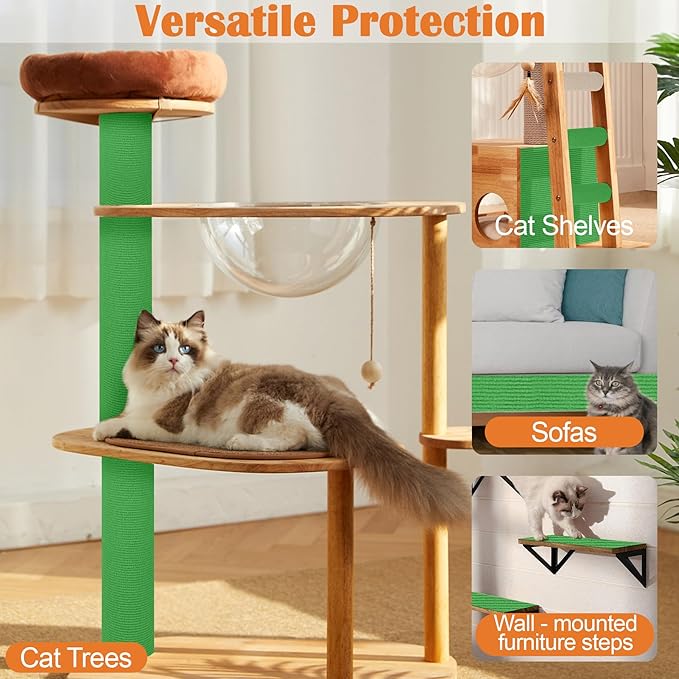 Cat Scratch Furniture Protector - 138" x 17" Trimmable Self-Adhesive Cats Claws Scratch Pads, DIY Cat Climbing Couch Protector for Scratch Post Cat Tree Replacement Indoor (Green)