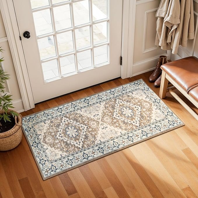 Lessymo 2 x 4 Entryway Rug, Machine Washable Area Rugs Boho Faux Wool Low Pile Area Rug for Bedroom, Floral Medallion Vintage Outdoor Rugs with Non-Slip Rubber,Brown Beige
