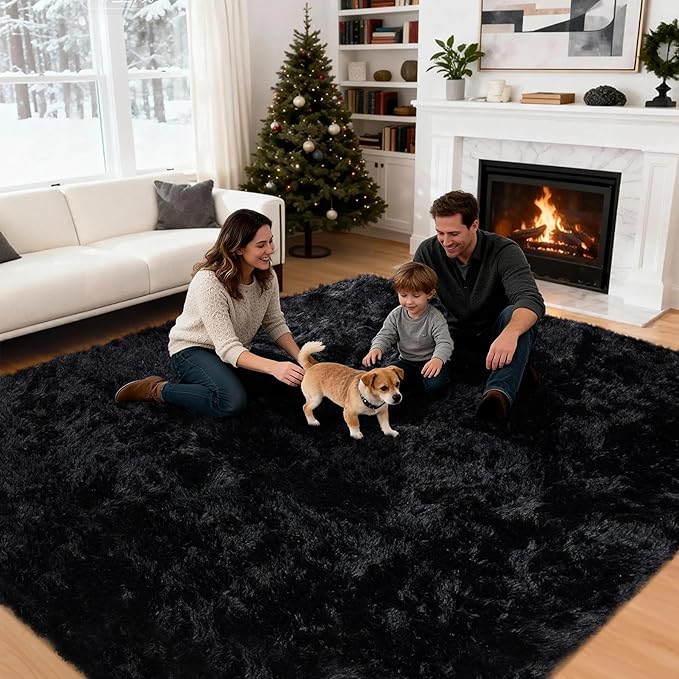 8x10 Area Rug for Living Room: Ultra Soft Fluffy Rug Modern Large Thicked Shag Rug for Bedroom Non Slip Indoor Fuzzy Carpets for Girls Kids Room Nursery Dorm Home Decor Black