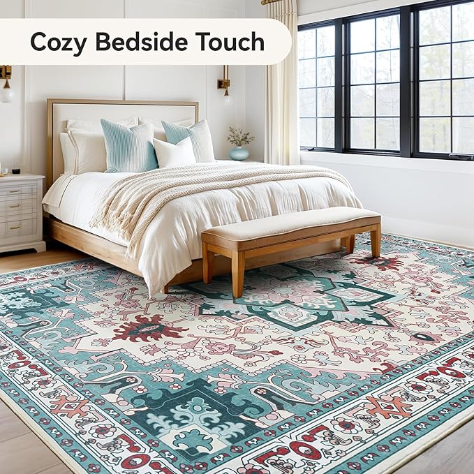 Lofus 8x10 Area Rugs, Large Area Rug for Living Room, Floral Washable Area Rug for Bedroom, Office, Dining Room, Non-Slip Vintage Boho Rug, Low-Pile Soft Carpet, Traditional Oriental Style, Light Blue