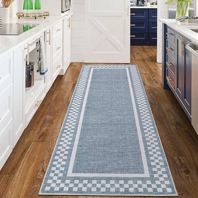 GarveeHome Kitchen Runner Rug Washable Runner Rug 2x6 for Hallway Non Slip Soft Throw Runner Carpet Modern Bordered Bathroom Mat Low Pile Checkered Runner Rugs for Bedroom Living Room Entry, Blue
