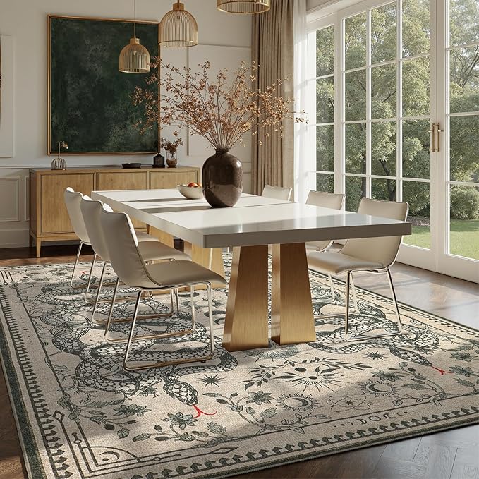 DCX Washable 4x6 Snake Rug, Beige Gothic Rug for Living Room, Soft Low Pile Carpet, Kid & Pet Friendly with Rubber Back Non Slip, Stain Resistant Rug for Bedroom Dining Room Office