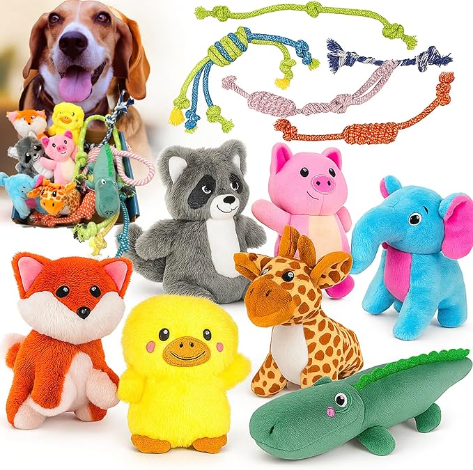 Jalousie Multipack Dog Squeaky Toys Bulk Bundle Pup Toy - Puppy Toys for Pets for Small Medium Breed (12 Pack Rope and Plush Animals)