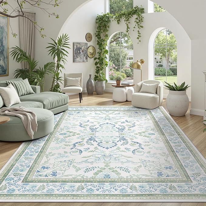 DCX Green Floral 3x5 Area Rug, Machine Washable Soft Non Slip Vintage Floral Rug for Entryway, Kitchen, Bedroom, Laundry, Bathroom