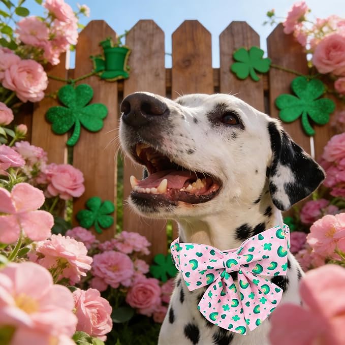 Maca Bates St. Patrick's Day Shamrock Dog Collar,Sailor Bow,Extra Small Girl Boy Dogs, Pink,Green Rainbow,Four Leaf Clover Pattern,Adjustable Durable Soft Collars Irish Gift for Male Female Puppy