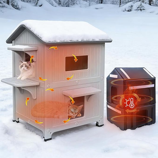 Insulated Cat House Outdoor Weatherproof Plastic Cats Houses with Escape Door, 2-Story Indoor Waterproof Feral/Pet Cat Shelter Outside for Multiple Cats, Grey