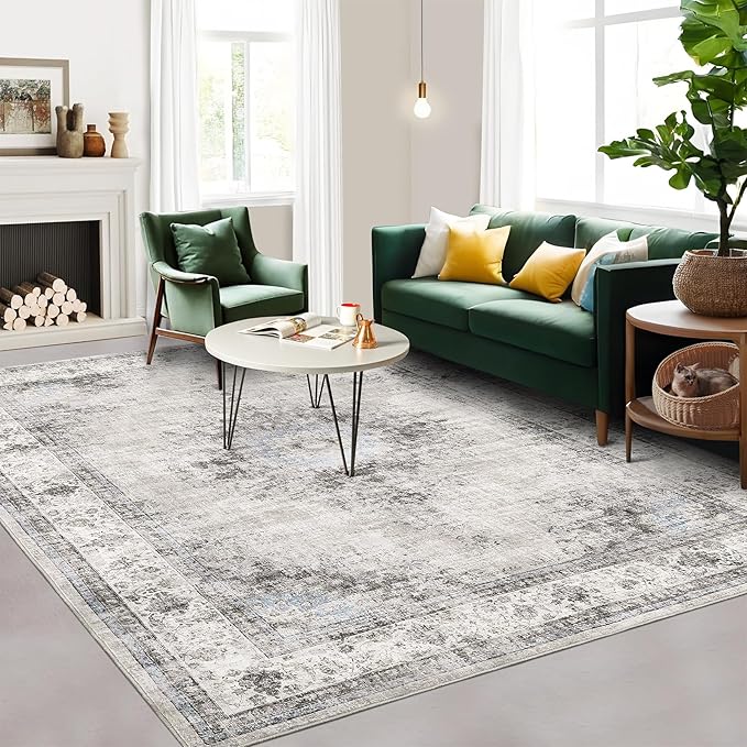 GarveeHome Area Rug 9x12 Washable for Living Room Oriental Non-Slip Stain Resistant Large Carpet Vintage Bedroom Soft Floor Cover Low Pile Distressed Throw for Home Decor Office, Beige