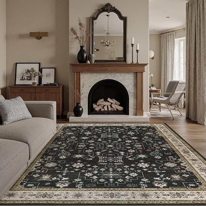 DCX Machine Washable Black Area Rug 6x9, Non Slip Stain Resistant Vintage Floral Rug for Living Room Bedroom Dining Room, Soft Low Pile Large Carpet