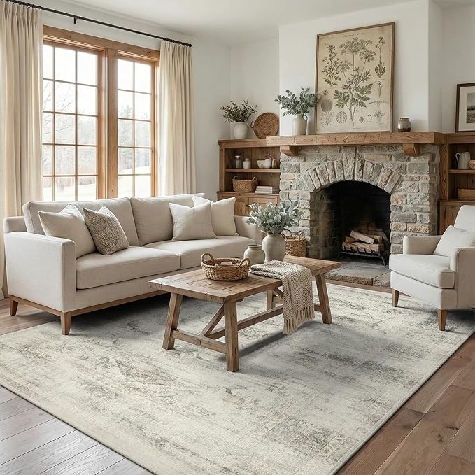 DCX 4x6 Beige Rug, Machine Washable Stain Resistant Distressed Vintage Rug, Kid & Pet Friendly with Rubber Back Non Slip Soft Low Pile Large Carpet for Living Room, Bedroom, Home Office