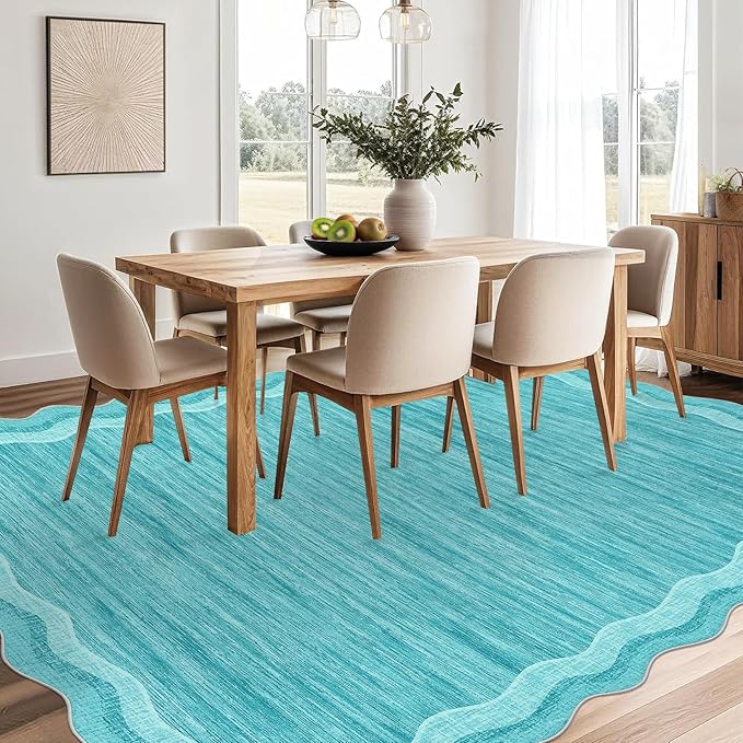 GarveeHome Modern Rug for Living Room 9x12 Large Scalloped Carpet, Non-Shedding Contemporary Easy Cleaning Mats, Solid Color Teal Indoor Rug for Office, Dining Room, Playroom, Bedroom