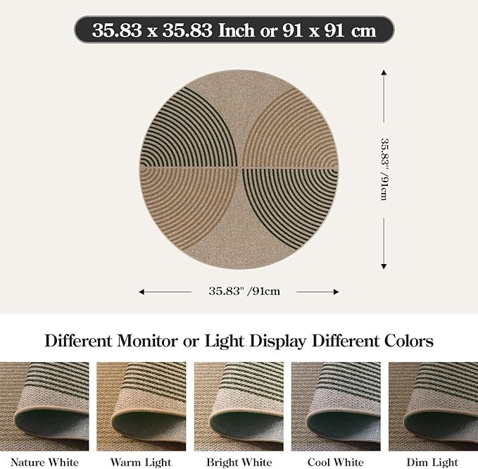 Lahome Modern Rainbow Round Rug 3ft, Circle Indoor Outdoor Rugs for Entryway Patio Washable Easy Jute Rug, Farmhouse Non Slip Small Round Rugs for Bedroom Porch Living Room Decor