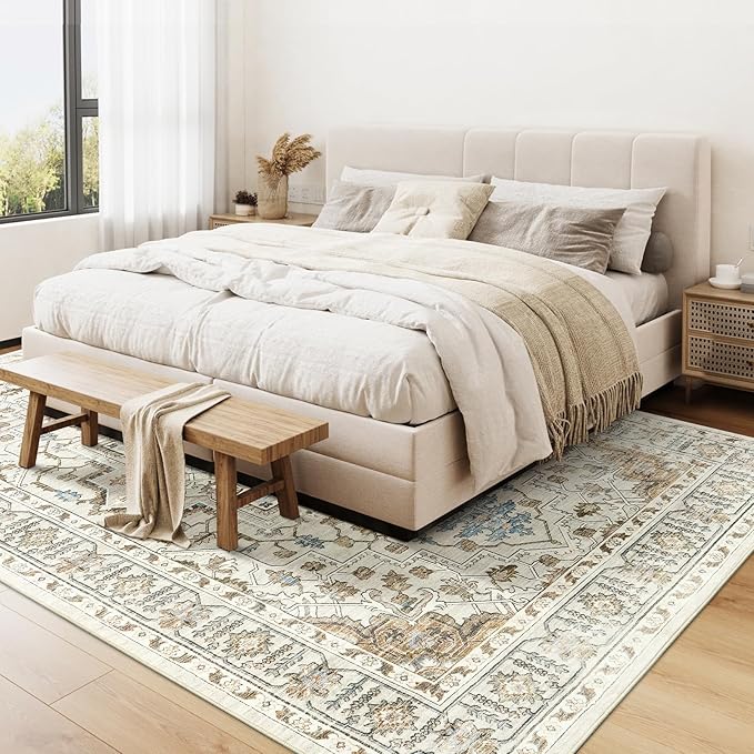 Area Rugs for Living Room - 3x5, Boho Non-Slip Low Pile Carpet Machine Washable Rugs for Bedroom Office, Dining Room (Beige)