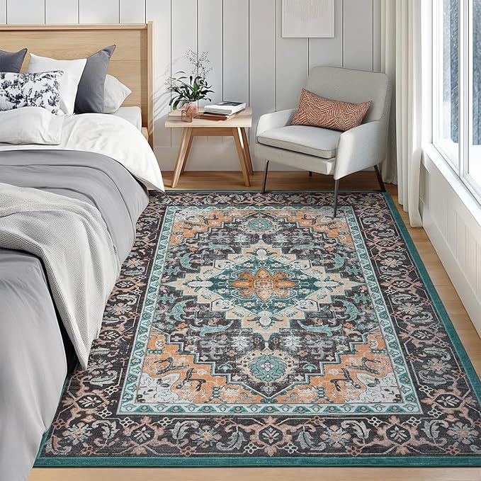 Lofus 6x9 Area Rugs for Living Room, Washable Area Rug, Rugs for Bedroom, Kitchen, Vintage Boho Carpet, Soft Non-Slip, Low Pile Large Area Rug for Office Dining Room, Floral Green