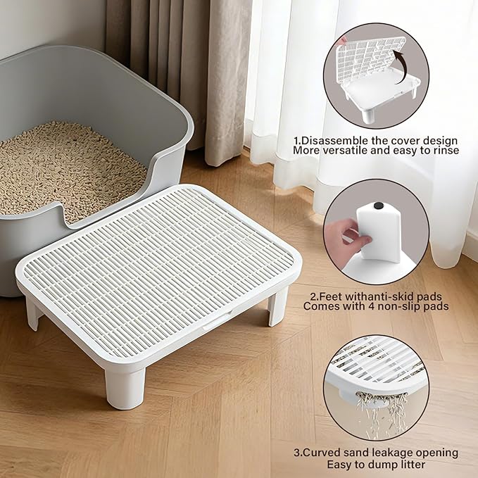 Adjustable Cat Step Ramp, Double Layer Litter Box Step with Filter Function, Replaceable Feet, Elevated Litter Box Ramp for Elderly Cats Easy Cleaning Cat Catcher for Floor Indoor (White)