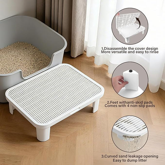 Adjustable Cat Step Ramp, Double Layer Litter Box Step with Filter Function, Replaceable Feet, Elevated Litter Box Ramp for Elderly Cats Easy Cleaning Cat Catcher for Floor Indoor (White)