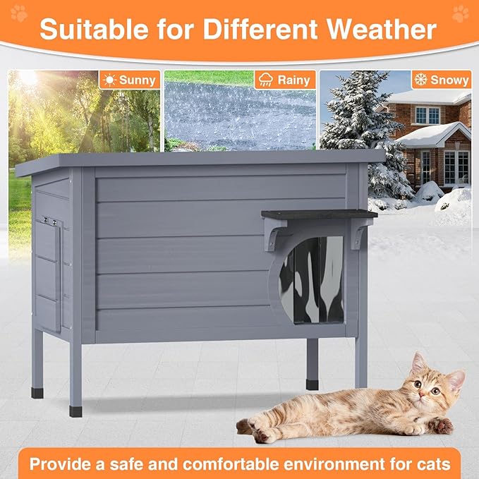 Heated Cat House for Outside - Wooden Insulated Cat Houses Outdoor, Winter Warm Cat Home Weatherproof Waterproof, Clawsable Feral Kitty Shelter with Heated Pad, Escape Door