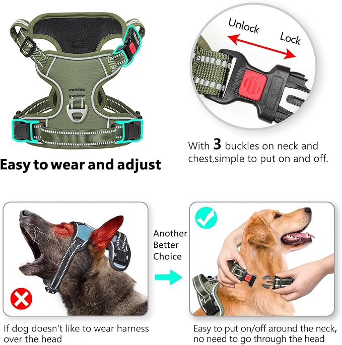 Timos Dog Harness Large Sized, No Pull Pet Harness with Neck Lockable Snap,No Choke Front Clip Dog Reflective Vest,Adjustable Metal Rings 3 Buckles,Easy Control Handle for Large Dogs Green L