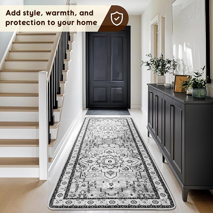 LBRO2M Boho Washable Runner Rug 2'6“X8’ Gray Washable Hallway Runner Rugs Non Slip Low Piles Rugs, Soft, Area Rug Runners for Hallways, Bedroom, Kitchen Laundry Room (2'6"X8', Light Gray)