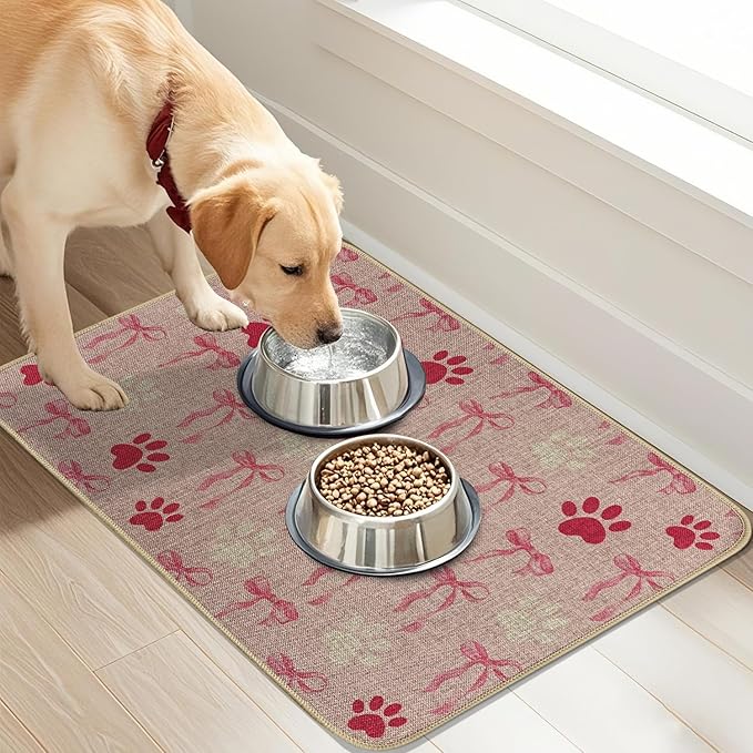 SHIYUE Dog Food Mats for Floors, Absorbent Cat Bowl for Food and Water, Non-Slip Accessories Pet Supplies(12"x20",Pink Bow Footprint)
