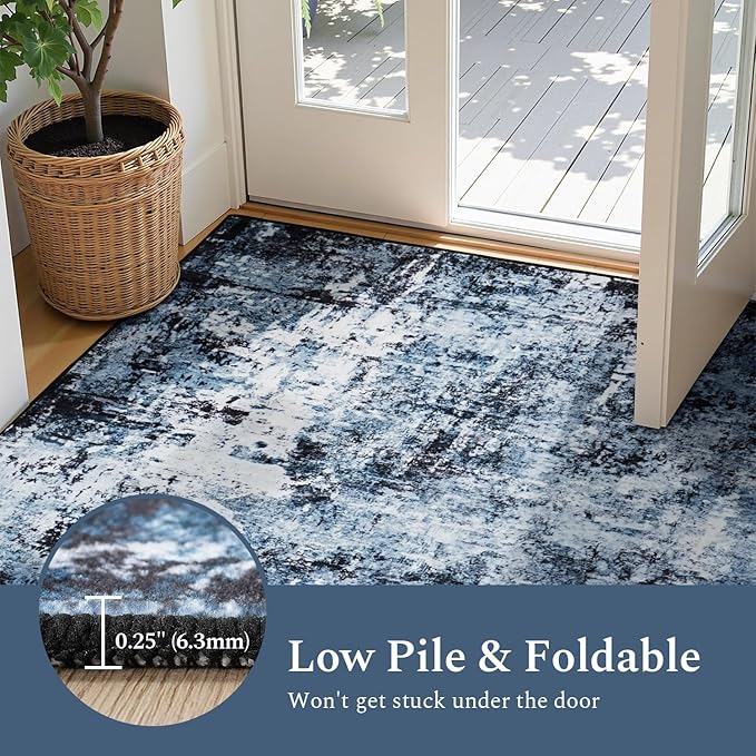 Rugflix 2x6 Runner Rug for Entryway, Kitchen Rugs Soft Non-Slip Washable Runners for Hallway, Abstract Small Carpet with Non-Slip Rubber for Bedroom, Living Room, Navy Blue/Black