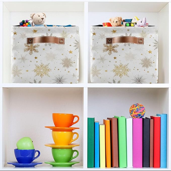 Winter Snowflake White Storage Basket with Waterproof Liner and PU Handles Golden Christmas Holiday Xmas Storage Boxes 14.2" Collapsible Decorative Organizer Baskets for Bedroom Closet Office 1 Pack