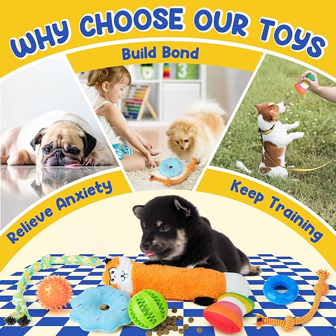 Puppy Toys for Teething, 9 Pack Interactive Dog Toys for Small Dogs, Puppy Chew Toys for Boredom with Rope Toys, Treat Ball and Cute Squeaky Toys