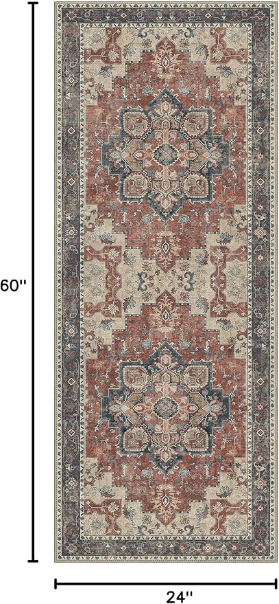 GENIMO 2x5 Runner Rugs for Hallway, Machine Washable Non Slip Vintage Rugs, Low Pile Lightweight Soft Print Rug for enrtyway, Corridor, Home Office, Kitchen, Bordeaux